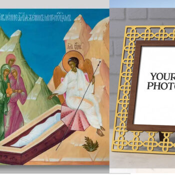 Εικόνα Ορθοδοξίας Πολυτελείας  με  σχεδιο Σταυρούς μαζι με  Βάση σε  8 χρώματα με περίγραμμα χρυσό σε ξύλο Plywood (Πλακάζ)   με  βάση Εμφάνιση Αγγέλου στις Μυροφόρες Συζύγους Χειροποίητη Ελληνορθόδοξη , Κρεμαστή πλάκα βυζαντινής τέχνης, χριστιανική τέχνη Διάσταση 15x11 cm (5,9 x 4,3 ίντσες) INTRAEK3kadro3211-2718 - Image 1