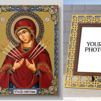 Εικόνα Ορθοδοξίας Πολυτελείας  με  σχεδιο Σταυρούς μαζι με  Βάση σε  8 χρώματα με περίγραμμα χρυσό σε ξύλο Plywood (Πλακάζ)   με  βάση Επτά Βέλη Εικόνα της Μητέρας του Θεού Χειροποίητη Ελληνορθόδοξη , Κρεμαστή πλάκα βυζαντινής τέχνης, χριστιανική τέχνη Διάσταση 15x11 cm (5,9 x 4,3 ίντσες) INTRAEK3kadro3211-21359 - Image 1