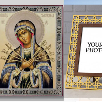 Εικόνα Ορθοδοξίας Πολυτελείας  με  σχεδιο Σταυρούς μαζι με  Βάση σε  8 χρώματα με περίγραμμα χρυσό σε ξύλο Plywood (Πλακάζ)   με  βάση Επτά Βέλη Εικόνα της Μητέρας του Θεού Χειροποίητη Ελληνορθόδοξη , Κρεμαστή πλάκα βυζαντινής τέχνης, χριστιανική τέχνη Διάσταση 21x15 cm (8,3 x 5,9 ίντσες) INTRAEK3kadro3211-321245 - Image 1