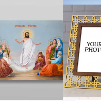 Εικόνα Ορθοδοξίας Πολυτελείας  με  σχεδιο Σταυρούς μαζι με  Βάση σε  8 χρώματα με περίγραμμα χρυσό σε ξύλο Plywood (Πλακάζ)   με  βάση Η Ανάληψη του Κυρίου μας Ιησού Χριστού, Χειροποίητη Ελληνορθόδοξη , Κρεμαστή πλάκα βυζαντινής τέχνης, χριστιανική τέχνη Διάσταση 21x15 cm (8,3 x 5,9 ίντσες) INTRAEK3kadro3211-321127 - Image 1