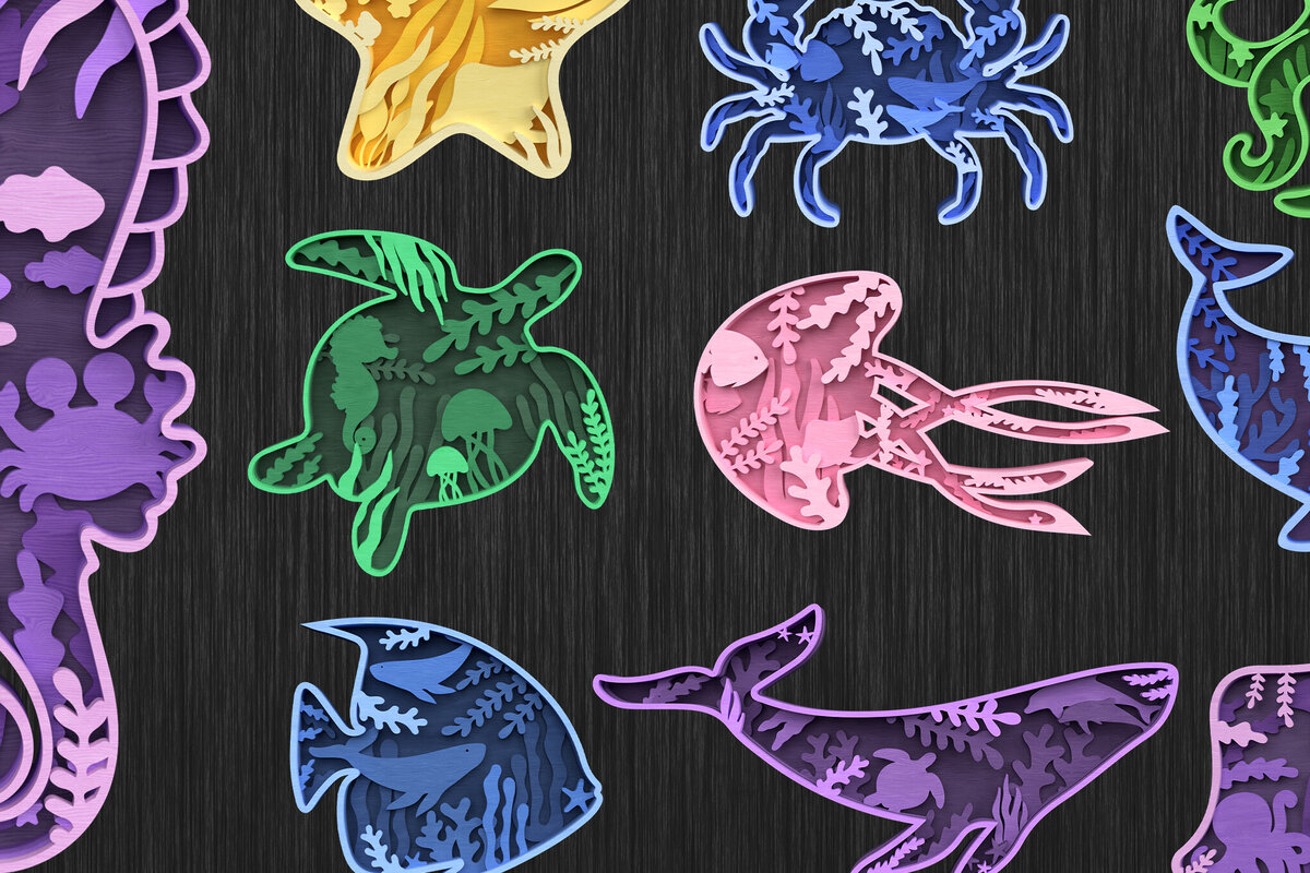 Intra απο ξύλο plywood 3mm-4mm πάχος – Πακέτο με στρώματα Ocean Animals Δίασταση  20x20 cm INTRAFABR-119058688