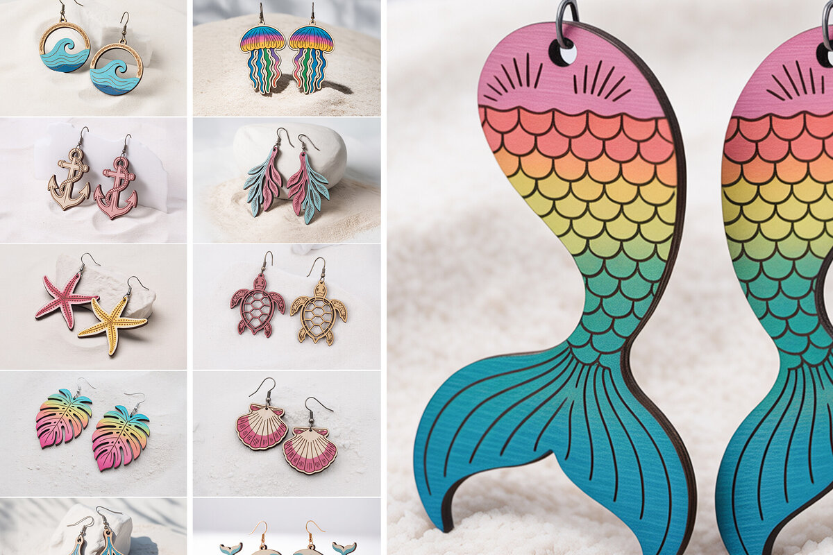 Intra απο ξύλο plywood 3mm-4mm πάχος – Πακέτο σκουλαρίκια Ocean Vibes Δίασταση  5x5 cm INTRAFABR-121578057