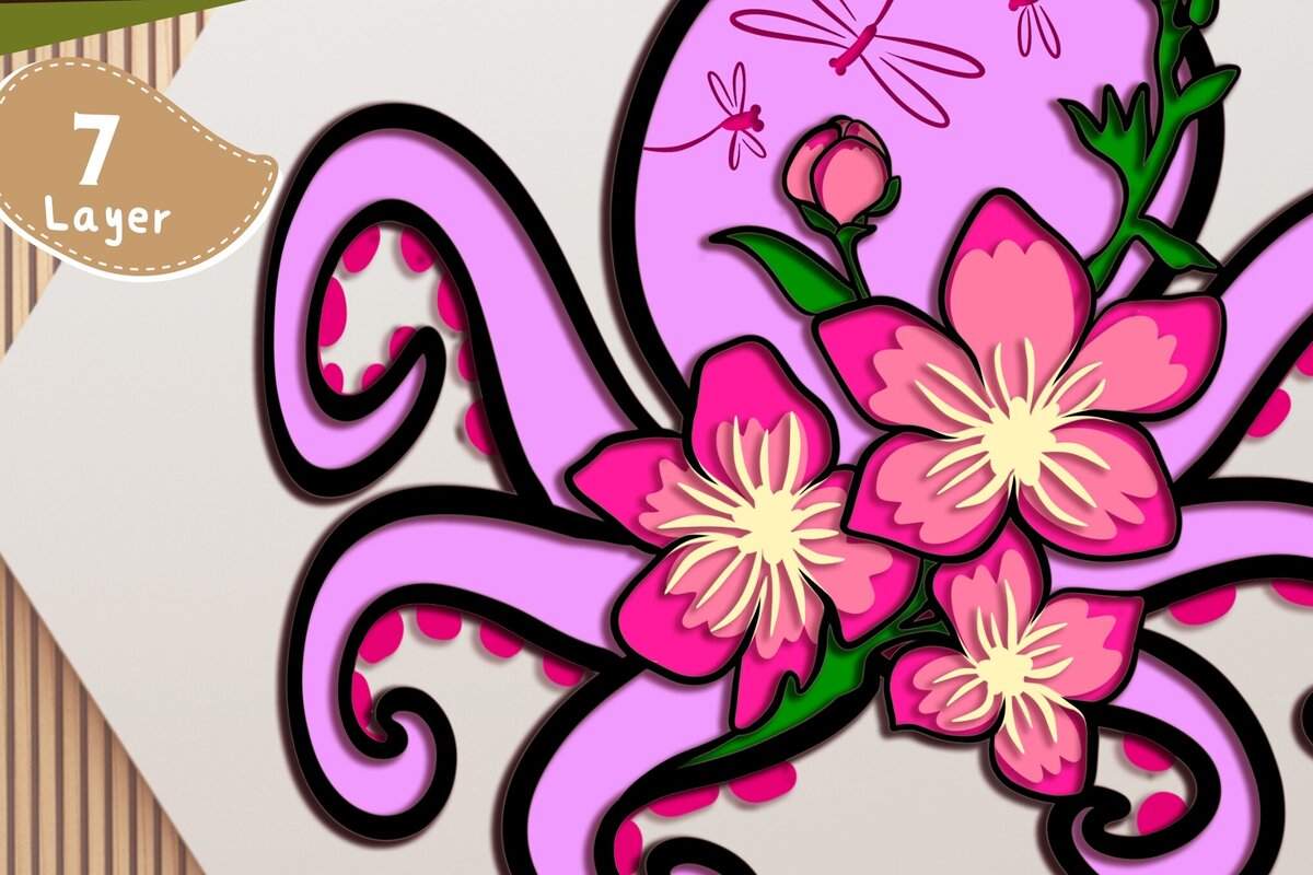 Intra απο ξύλο plywood 3mm-4mm πάχος – Octopus and Flowers Multilayers Δίασταση  20x20 cm INTRAFABR-97985224