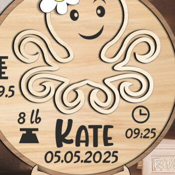 Intra απο ξύλο plywood 3mm-4mm πάχος – Octopus Baby Ανακοινώσεις Στρογγυλός πίνακας Δίασταση  45x45 cm INTRAFABR-117037357 - Image 1