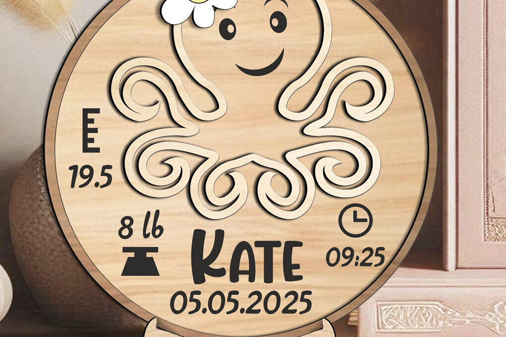 Intra απο ξύλο plywood 3mm-4mm πάχος – Octopus Baby Ανακοινώσεις Στρογγυλός πίνακας Δίασταση  45x45 cm INTRAFABR-117037357