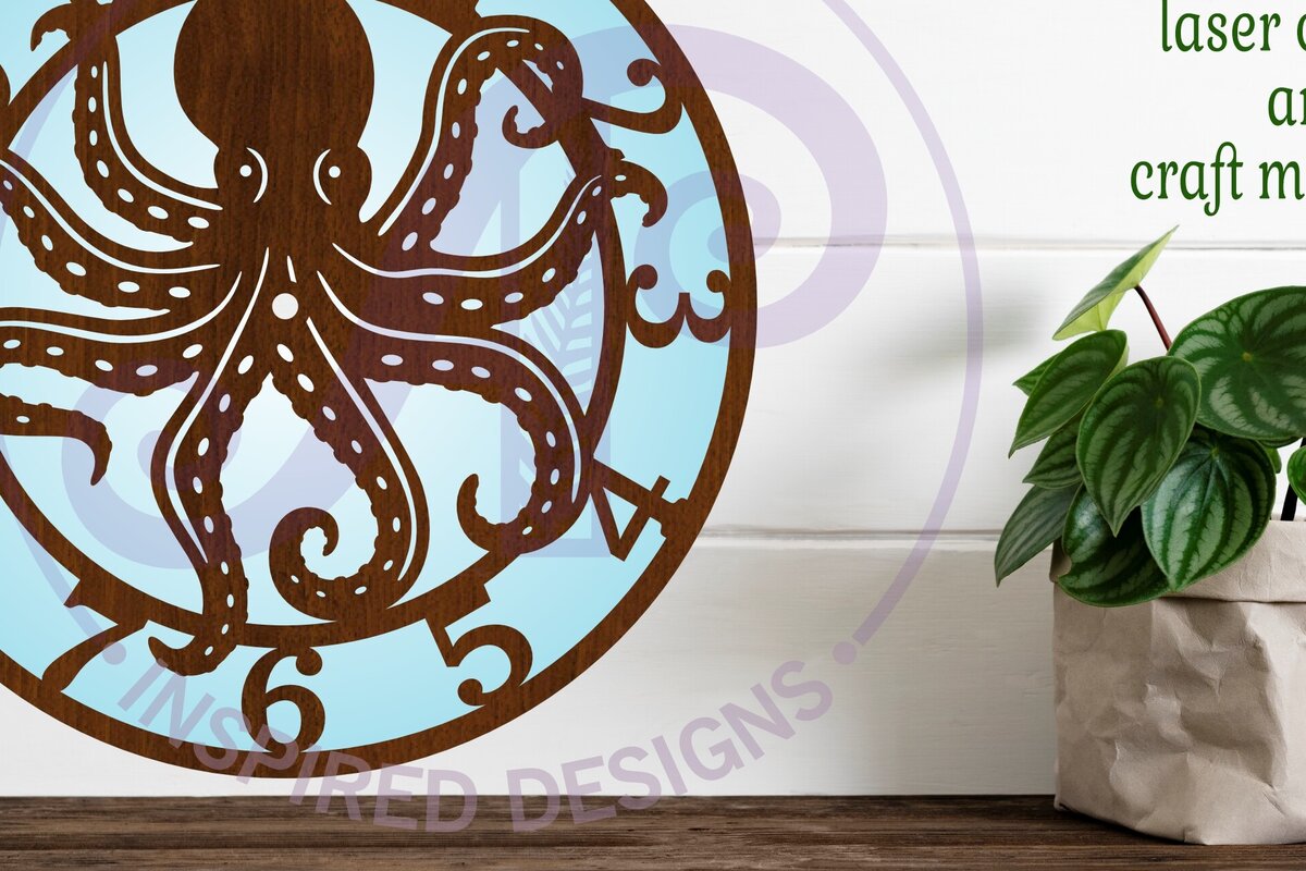 Intra απο ξύλο plywood 3mm-4mm πάχος – Ρολόι Octopus Ρολόι τοίχου Αρχεία κοπής με λέιζερ Δίασταση  40x30 cm INTRAFABR-113609869