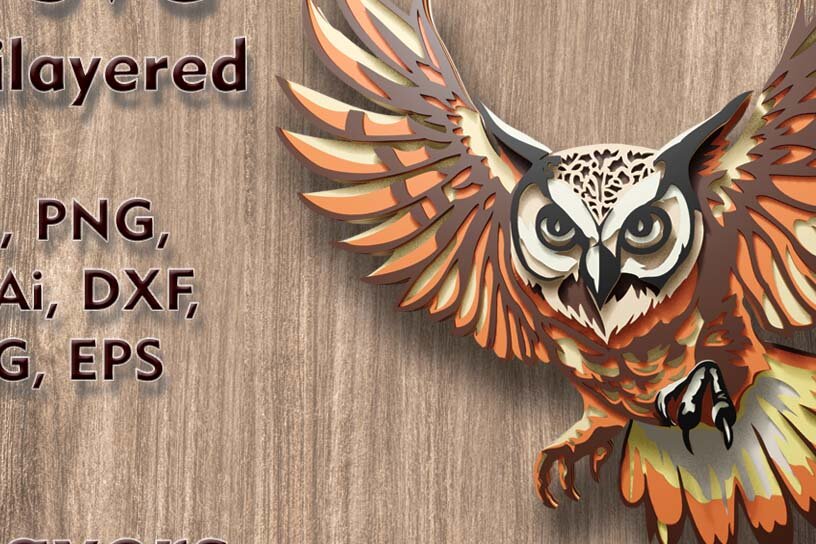 Intra απο ξύλο plywood 3mm-4mm πάχος – Αρχεία λέιζερ πολλαπλών επιπέδων κουκουβάγιας 3D Δίασταση  20x20 cm INTRAFABR-109001365