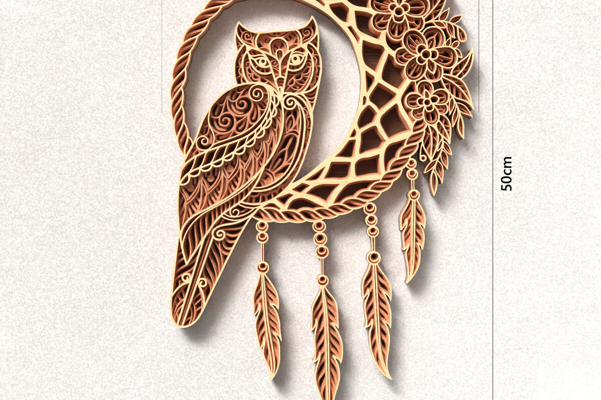 Intra απο ξύλο plywood 3mm-4mm πάχος – Owl Dreamcatcher 3D Layered Δίασταση  20x20 cm INTRAFABR-120643359