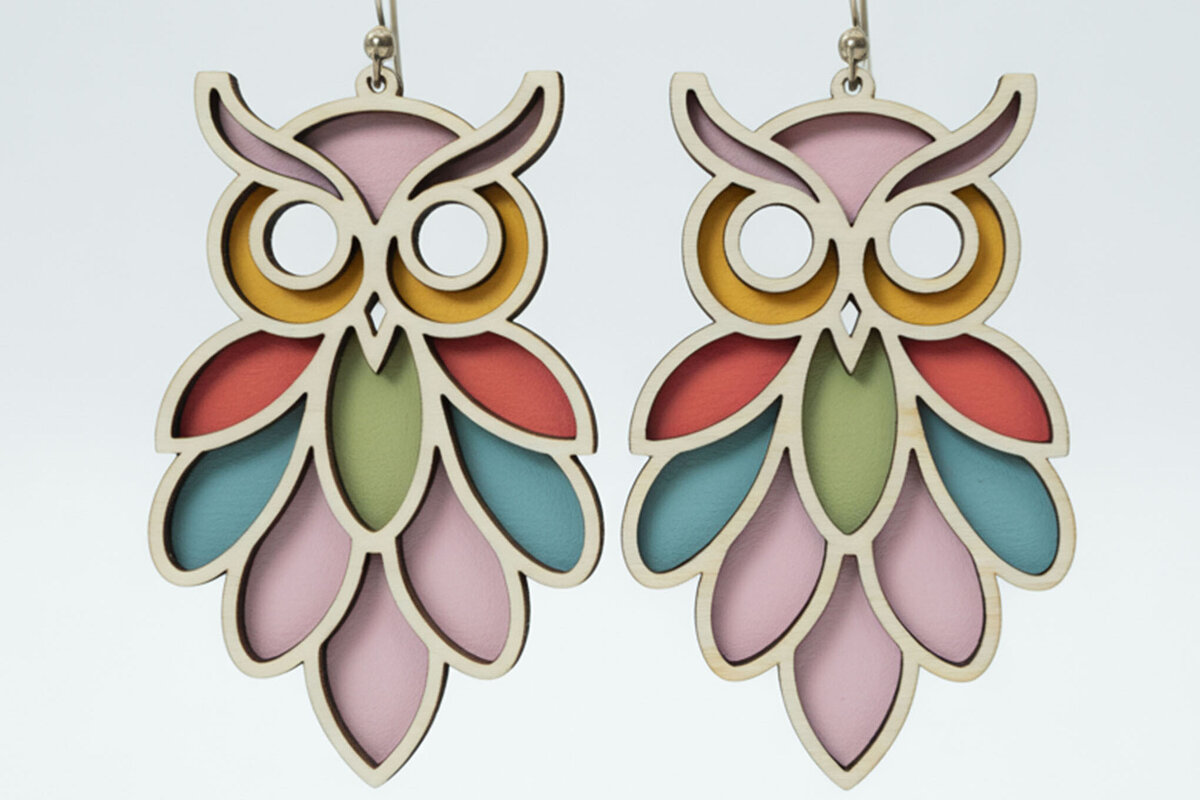 Intra απο ξύλο plywood 3mm-4mm πάχος – Σκουλαρίκια κουκουβάγιας Layered design Δίασταση  5x5 cm INTRAFABR-122723532