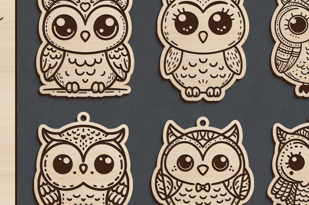 Intra απο ξύλο plywood 3mm-4mm πάχος – Σετ μπρελόκ κουκουβάγιας κοπής με λέιζερ | DXF | Δίασταση  5x5 cm INTRAFABR-120863098