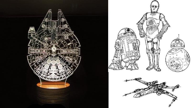 Intra απο ξύλο plywood 3mm-4mm πάχος - Stand και 3D Acrylic Light Star Wars, Millennium, Droid Δίασταση 20x20 cm Intraeaxys-51r8r4d7