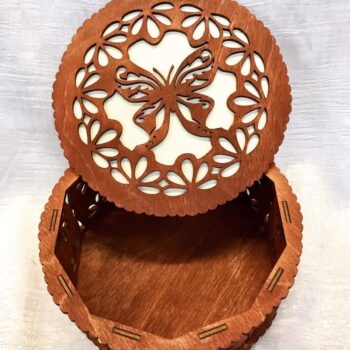 Intra απο ξύλο plywood 3mm-4mm πάχος - Πρότυπο διακοσμητικού σχεδίου πεταλούδας στρογγυλό κουτί Δίασταση 30x30 cm Intraeaxys-yon0ddx7 - Image 1