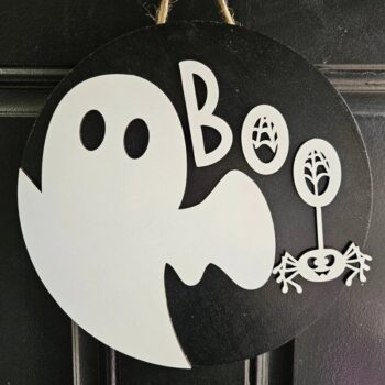Intra απο ξύλο plywood 3mm-4mm πάχος - Κρεμάστρα πόρτας Halloween Boo Ghost Δίασταση 30x30 cm Intraeaxys-51ry8j3o - Image 1