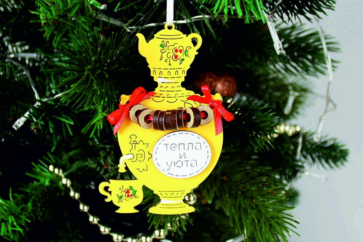 Intra απο ξύλο plywood 3mm-4mm πάχος - Χριστουγεννιάτικο στολίδι Samovar με Bagels Δίασταση 10x10 cm Intraeaxys-eoxlnz4o