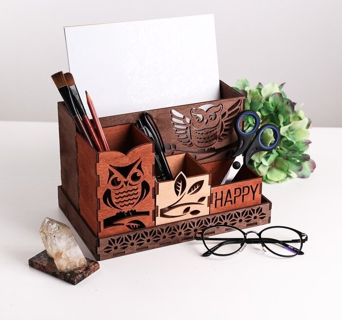 Intra απο ξύλο plywood 3mm-4mm πάχος - Owls Desktop Organizer Δίασταση 30x30 cm Intraeaxys-e1gkexvo