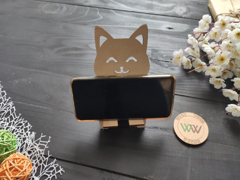 Intra απο ξύλο plywood 3mm-4mm πάχος - Βάση smartphone Cute Cat Δίασταση 30x30 cm Intraeaxys-yon046k7