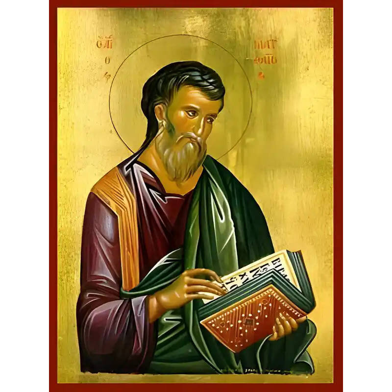Εικόνα Ορθοδοξίας με περίγραμμα χρυσό σε ξύλο Φλαμουρίας  με  βάση Εικόνα ΑΓΙΟΣ ΑΠΟΣΤΟΛΟΣ ΚΑΙ ΕΥΑΓΓΕΛΙΣΤΗΣ ΜΑΤΘΑΙΟΣ Χειροποίητη Ελληνορθόδοξη εικόνα του Ιησού Χριστού, Κρεμαστή πλάκα βυζαντινής τέχνης, χριστιανική τέχνη Διάσταση 15x11 cm (5,9x4,3 ίντσες)  INTRAEK-337757865035