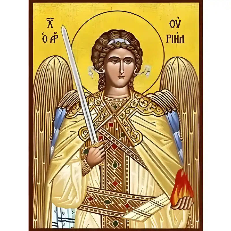 Εικόνα Ορθοδοξίας με περίγραμμα χρυσό σε ξύλο Φλαμουρίας  με  βάση Εικόνα Αρχάγγελος Ουριήλ Χειροποίητη Ελληνορθόδοξη , Κρεμαστή πλάκα βυζαντινής τέχνης, χριστιανική τέχνη Διάσταση 40x30 cm (15,8 x 11,8 ίντσες) INTRAEK-294670415