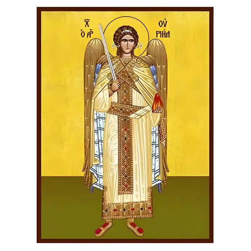 Εικόνα Ορθοδοξίας με περίγραμμα χρυσό σε ξύλο Φλαμουρίας  με  βάση Εικόνα Αρχάγγελος Ουριήλ Χειροποίητη Ελληνορθόδοξη , Κρεμαστή πλάκα βυζαντινής τέχνης, χριστιανική τέχνη Διάσταση 40x30 cm (15,8 x 11,8 ίντσες) INTRAEK-294670414