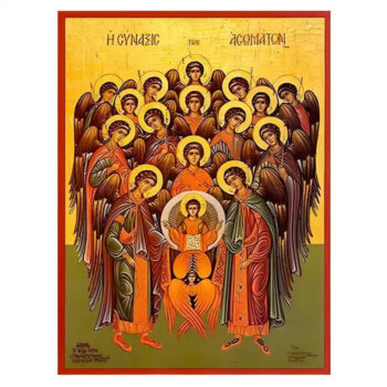 Εικόνα Ορθοδοξίας με περίγραμμα χρυσό σε ξύλο Φλαμουρίας  με  βάση Εικόνα Σύναξη  Αρχαγγέλων, Ασωμάτων Χειροποίητη Ελληνορθόδοξη , Κρεμαστή πλάκα βυζαντινής τέχνης, χριστιανική τέχνη Διάσταση 40x30 cm (15,8 x 11,8 ίντσες) INTRAEK-294670409 - Image 1