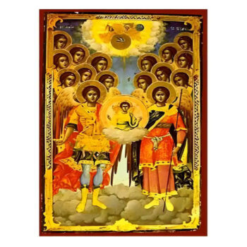 Εικόνα Ορθοδοξίας με περίγραμμα χρυσό σε ξύλο Φλαμουρίας  με  βάση Εικόνα Σύναξη  Ταξιαρχών Χειροποίητη Ελληνορθόδοξη , Κρεμαστή πλάκα βυζαντινής τέχνης, χριστιανική τέχνη Διάσταση 40x30 cm (15,8 x 11,8 ίντσες) INTRAEK-294670408 - Image 1