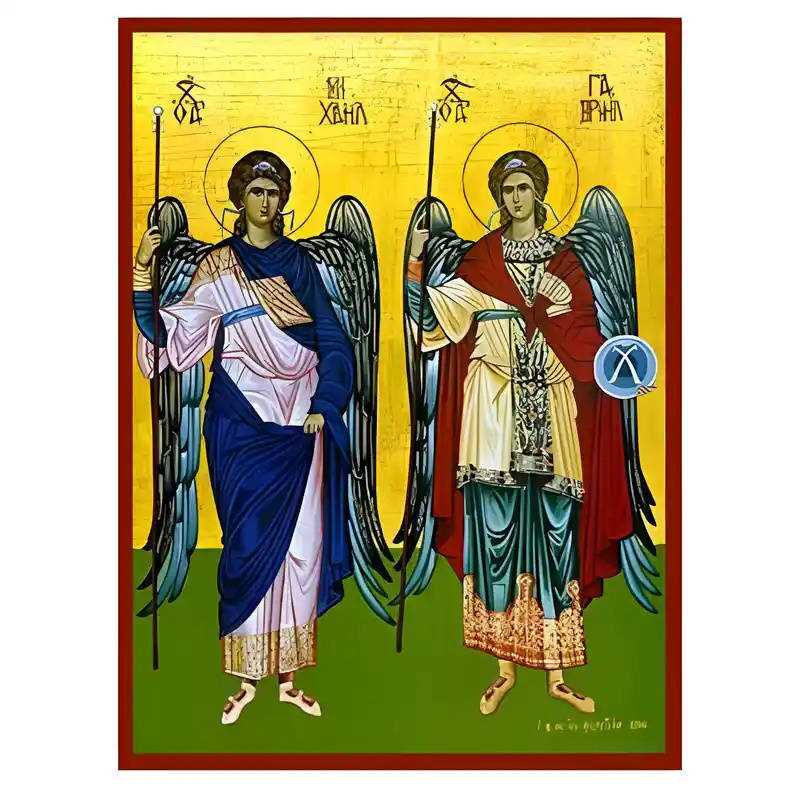 Εικόνα Ορθοδοξίας με περίγραμμα χρυσό σε ξύλο Φλαμουρίας  με  βάση Εικόνα Σύναξη Αρχαγγέλων Μιχαήλ και Γαβριήλ Χειροποίητη Ελληνορθόδοξη , Κρεμαστή πλάκα βυζαντινής τέχνης, χριστιανική τέχνη Διάσταση 40x30 cm (15,8 x 11,8 ίντσες) INTRAEK-294670407
