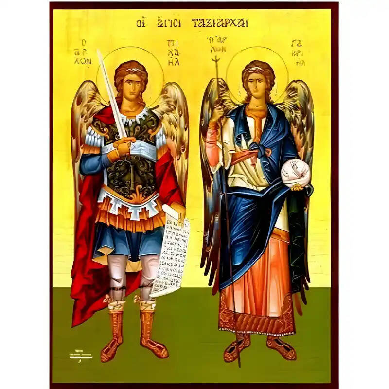 Εικόνα Ορθοδοξίας με περίγραμμα χρυσό σε ξύλο Φλαμουρίας  με  βάση Εικόνα Σύναξη Αρχαγγέλων Μιχαήλ και Γαβριήλ Χειροποίητη Ελληνορθόδοξη , Κρεμαστή πλάκα βυζαντινής τέχνης, χριστιανική τέχνη Διάσταση 40x30 cm (15,8 x 11,8 ίντσες) INTRAEK-294670405