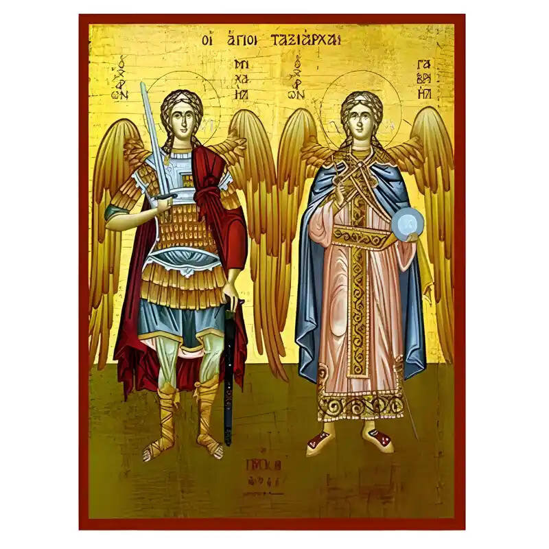 Εικόνα Ορθοδοξίας με περίγραμμα χρυσό σε ξύλο Φλαμουρίας  με  βάση Εικόνα Σύναξη Αρχαγγέλων Μιχαήλ και Γαβριήλ Χειροποίητη Ελληνορθόδοξη , Κρεμαστή πλάκα βυζαντινής τέχνης, χριστιανική τέχνη Διάσταση 40x30 cm (15,8 x 11,8 ίντσες) INTRAEK-294670402