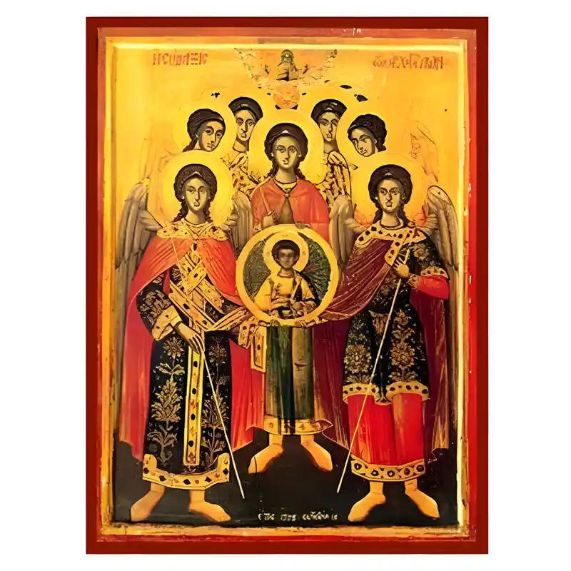 Εικόνα Ορθοδοξίας με περίγραμμα χρυσό σε ξύλο Φλαμουρίας  με  βάση Εικόνα Σύναξη Αρχαγγέλων, Μιχαήλ, Γαβριήλ, Ραφαήλ, Ουριήλ, Σαλαφιήλ, Γιεγουδιήλ και Βαραχιήλ Χειροποίητη Ελληνορθόδοξη , Κρεμαστή πλάκα βυζαντινής τέχνης, χριστιανική τέχνη Διάσταση 40x30 cm (15,8 x 11,8 ίντσες) INTRAEK-294670399