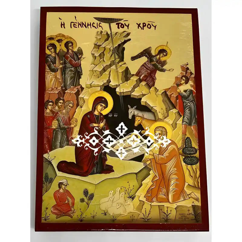 Εικόνα Ορθοδοξίας με περίγραμμα χρυσό σε ξύλο Φλαμουρίας  με  βάση Εικόνα Γέννηση του Χριστού Χειροποίητη Ελληνορθόδοξη , Κρεμαστή πλάκα βυζαντινής τέχνης, χριστιανική τέχνη Διάσταση 40x30 cm (15,8 x 11,8 ίντσες) INTRAEK-294670382
