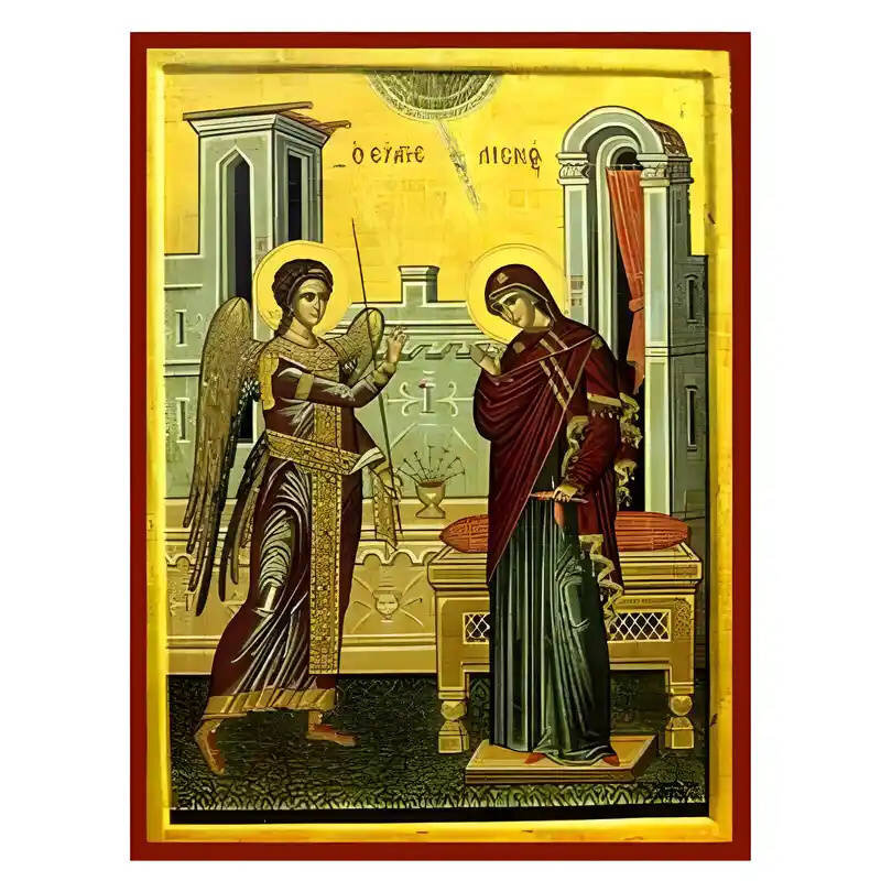 Εικόνα Ορθοδοξίας με περίγραμμα χρυσό σε ξύλο Φλαμουρίας  με  βάση Εικόνα Ευαγγελισμός της Θεοτόκου Χειροποίητη Ελληνορθόδοξη , Κρεμαστή πλάκα βυζαντινής τέχνης, χριστιανική τέχνη Διάσταση 40x30 cm (15,8 x 11,8 ίντσες) INTRAEK-294670381