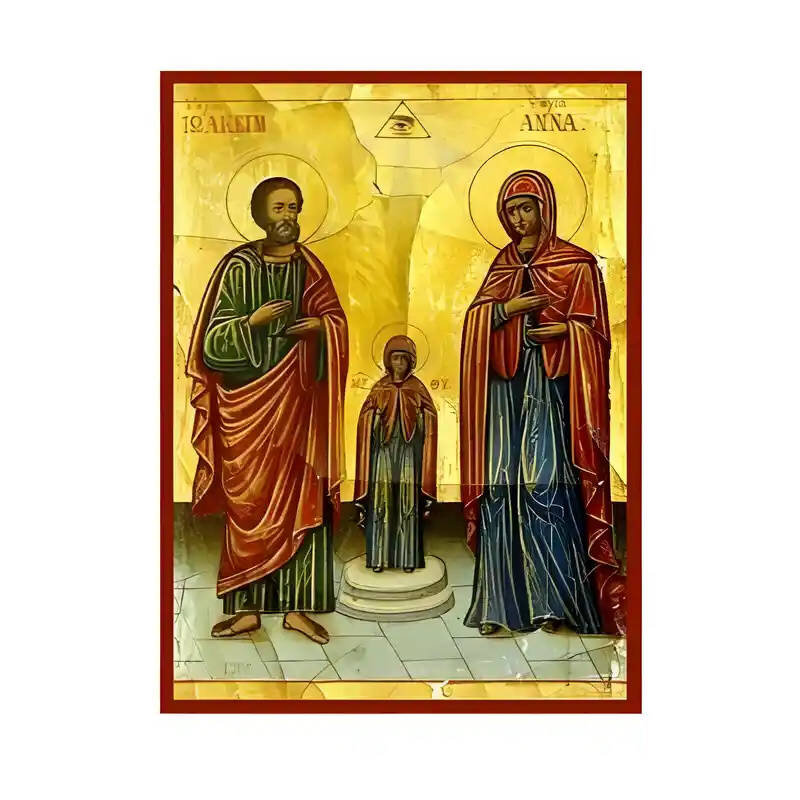 Εικόνα Ορθοδοξίας με περίγραμμα χρυσό σε ξύλο Φλαμουρίας  με  βάση Εικόνα Άγιοι Θεοπάτορες, Άγιοι Ιωακείμ και Άννα με Παναγία Χειροποίητη Ελληνορθόδοξη , Κρεμαστή πλάκα βυζαντινής τέχνης, χριστιανική τέχνη Διάσταση 45x35 cm (17,7 x 13,8 ίντσες) INTRAEK-6294671356