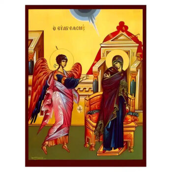 Εικόνα Ορθοδοξίας με περίγραμμα χρυσό σε ξύλο Φλαμουρίας  με  βάση Εικόνα Ευαγγελισμός της Θεοτόκου Χειροποίητη Ελληνορθόδοξη , Κρεμαστή πλάκα βυζαντινής τέχνης, χριστιανική τέχνη Διάσταση 45x35 cm (17,7 x 13,8 ίντσες) INTRAEK-6294670991 - Image 1