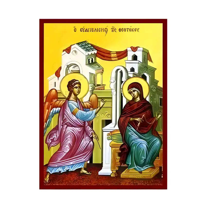 Εικόνα Ορθοδοξίας με περίγραμμα χρυσό σε ξύλο Φλαμουρίας  με  βάση Εικόνα Ευαγγελισμός της Θεοτόκου Χειροποίητη Ελληνορθόδοξη , Κρεμαστή πλάκα βυζαντινής τέχνης, χριστιανική τέχνη Διάσταση 45x35 cm (17,7 x 13,8 ίντσες) INTRAEK-6294671344