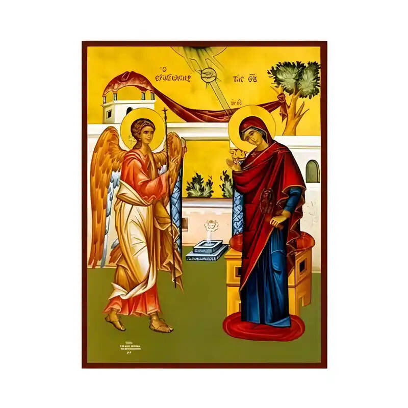 Εικόνα Ορθοδοξίας με περίγραμμα χρυσό σε ξύλο Φλαμουρίας  με  βάση Εικόνα Ευαγγελισμός της Θεοτόκου Χειροποίητη Ελληνορθόδοξη , Κρεμαστή πλάκα βυζαντινής τέχνης, χριστιανική τέχνη Διάσταση 45x35 cm (17,7 x 13,8 ίντσες) INTRAEK-6294671343