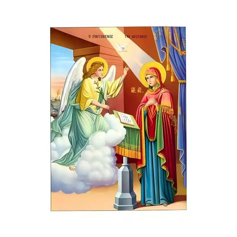 Εικόνα Ορθοδοξίας με περίγραμμα χρυσό σε ξύλο Φλαμουρίας  με  βάση Εικόνα Ευαγγελισμός της Θεοτόκου Χειροποίητη Ελληνορθόδοξη , Κρεμαστή πλάκα βυζαντινής τέχνης, χριστιανική τέχνη Διάσταση 45x35 cm (17,7 x 13,8 ίντσες) INTRAEK-6294671342