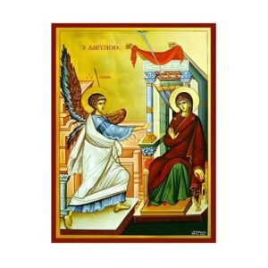 Εικόνα Ορθοδοξίας με περίγραμμα χρυσό σε ξύλο Φλαμουρίας  με  βάση Εικόνα Ευαγγελισμός της Θεοτόκου, Χαιρετισμός Χειροποίητη Ελληνορθόδοξη , Κρεμαστή πλάκα βυζαντινής τέχνης, χριστιανική τέχνη Διάσταση 45x35 cm (17,7 x 13,8 ίντσες) INTRAEK-11294671338