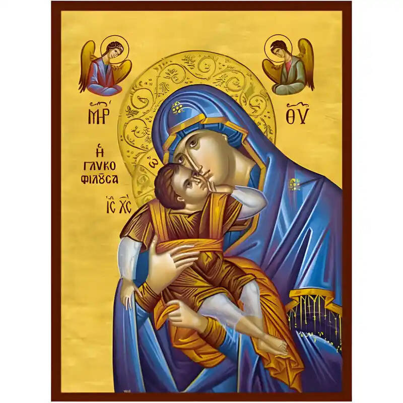Εικόνα Ορθοδοξίας με περίγραμμα χρυσό σε ξύλο Φλαμουρίας  με  βάση Εικόνα Παναγία Γλυκοφιλούσα Χειροποίητη Ελληνορθόδοξη , Κρεμαστή πλάκα βυζαντινής τέχνης, χριστιανική τέχνη Διάσταση 45x35 cm (17,7 x 13,8 ίντσες) INTRAEK-6294671310