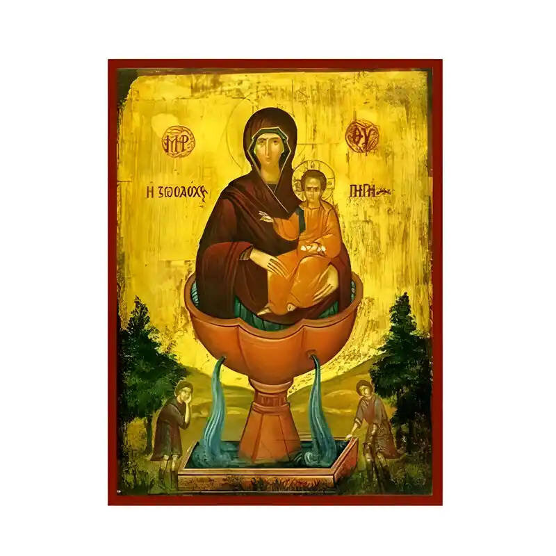 Εικόνα Ορθοδοξίας με περίγραμμα χρυσό σε ξύλο Φλαμουρίας  με  βάση Εικόνα Παναγία Ζωοδόχος Πηγή Χειροποίητη Ελληνορθόδοξη , Κρεμαστή πλάκα βυζαντινής τέχνης, χριστιανική τέχνη Διάσταση 45x35 cm (17,7 x 13,8 ίντσες) INTRAEK-6294671282