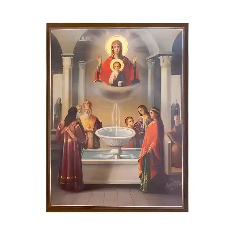 Εικόνα Ορθοδοξίας με περίγραμμα χρυσό σε ξύλο Φλαμουρίας  με  βάση Εικόνα Παναγία Ζωοδόχος Πηγή Χειροποίητη Ελληνορθόδοξη , Κρεμαστή πλάκα βυζαντινής τέχνης, χριστιανική τέχνη Διάσταση 45x35 cm (17,7 x 13,8 ίντσες) INTRAEK-6294671278