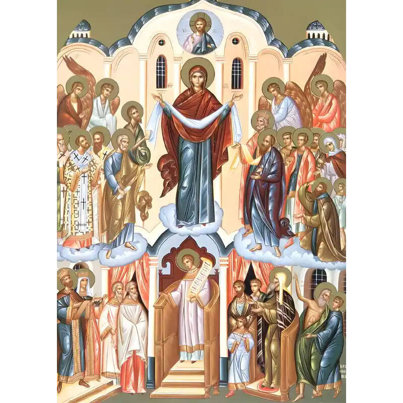 Εικόνα Ορθοδοξίας με περίγραμμα χρυσό σε ξύλο Φλαμουρίας  με  βάση Εικόνα Παναγία η Αγία Σκέπη Χειροποίητη Ελληνορθόδοξη , Κρεμαστή πλάκα βυζαντινής τέχνης, χριστιανική τέχνη Διάσταση 45x35 cm (17,7 x 13,8 ίντσες) INTRAEK-11294671274