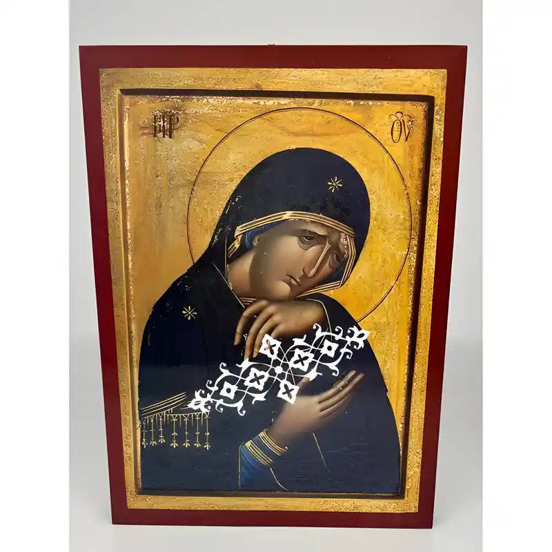 Εικόνα Ορθοδοξίας με περίγραμμα χρυσό σε ξύλο Φλαμουρίας  με  βάση Εικόνα Παναγία Θρηνωδούσα Χειροποίητη Ελληνορθόδοξη , Κρεμαστή πλάκα βυζαντινής τέχνης, χριστιανική τέχνη Διάσταση 45x35 cm (17,7 x 13,8 ίντσες) INTRAEK-6294671269
