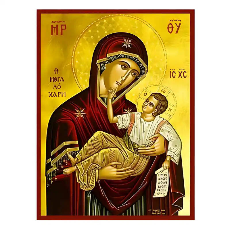 Εικόνα Ορθοδοξίας με περίγραμμα χρυσό σε ξύλο Φλαμουρίας  με  βάση Εικόνα Παναγία Μεγαλόχαρη Χειροποίητη Ελληνορθόδοξη , Κρεμαστή πλάκα βυζαντινής τέχνης, χριστιανική τέχνη Διάσταση 45x35 cm (17,7 x 13,8 ίντσες) INTRAEK-6294671252