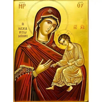 Εικόνα Ορθοδοξίας με περίγραμμα χρυσό σε ξύλο Φλαμουρίας  με  βάση Εικόνα Παναγία Οδηγήτρια, Κεχαριτωμένη Χειροποίητη Ελληνορθόδοξη , Κρεμαστή πλάκα βυζαντινής τέχνης, χριστιανική τέχνη Διάσταση 45x35 cm (17,7 x 13,8 ίντσες) INTRAEK-6294671233 - Image 1