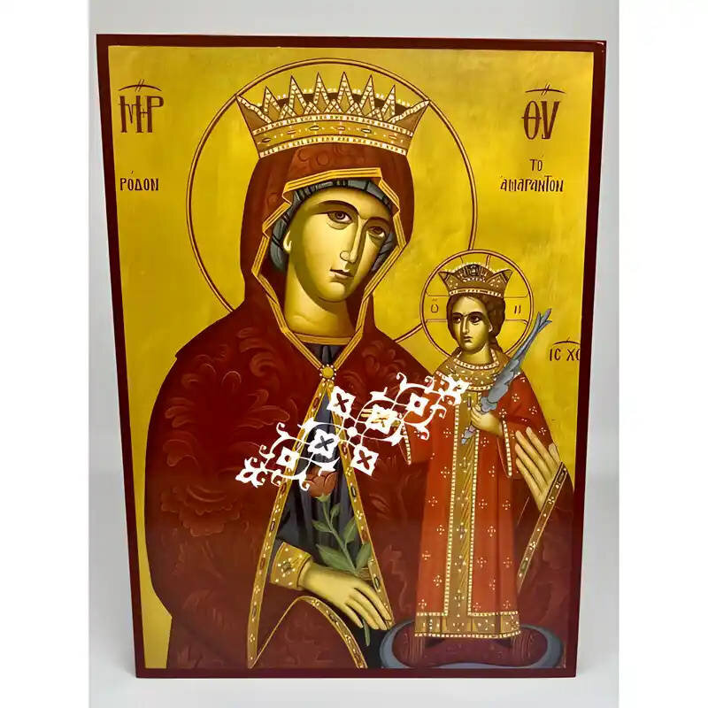 Εικόνα Ορθοδοξίας με περίγραμμα χρυσό σε ξύλο Φλαμουρίας  με  βάση Εικόνα Παναγία Ρόδο το Αμάραντο Χειροποίητη Ελληνορθόδοξη , Κρεμαστή πλάκα βυζαντινής τέχνης, χριστιανική τέχνη Διάσταση 45x35 cm (17,7 x 13,8 ίντσες) INTRAEK-6294671205