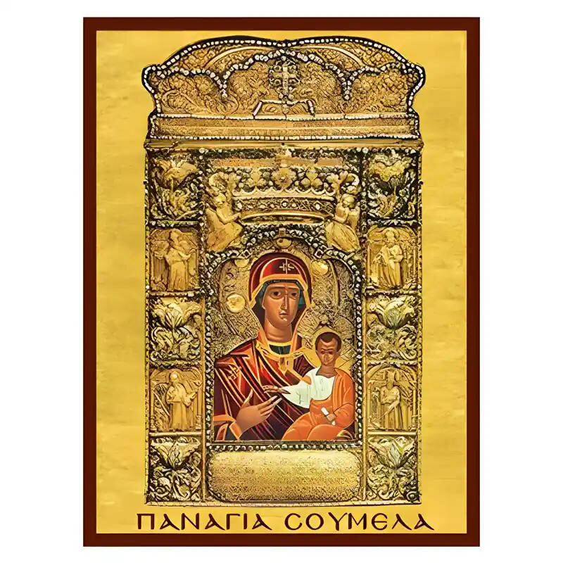 Εικόνα Ορθοδοξίας με περίγραμμα χρυσό σε ξύλο Φλαμουρίας  με  βάση Εικόνα Παναγία Σουμελά Χειροποίητη Ελληνορθόδοξη , Κρεμαστή πλάκα βυζαντινής τέχνης, χριστιανική τέχνη Διάσταση 45x35 cm (17,7 x 13,8 ίντσες) INTRAEK-6294671199