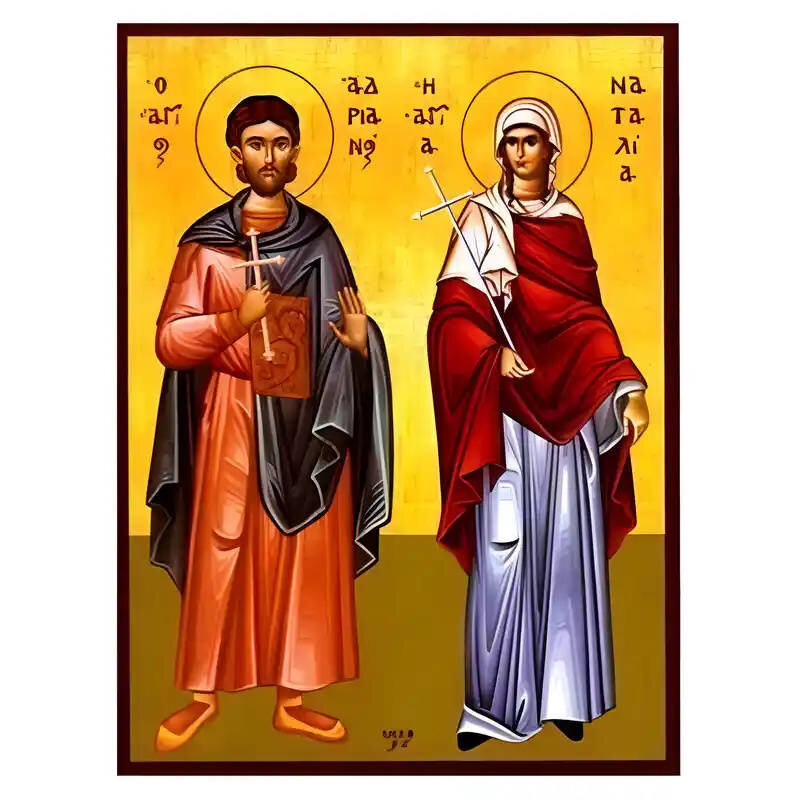Εικόνα Ορθοδοξίας με περίγραμμα χρυσό σε ξύλο Φλαμουρίας  με  βάση Εικόνα Άγιοι Αδριανός και Ναταλία Χειροποίητη Ελληνορθόδοξη , Κρεμαστή πλάκα βυζαντινής τέχνης, χριστιανική τέχνη Διάσταση 45x35 cm (17,7 x 13,8 ίντσες) INTRAEK-6294670493