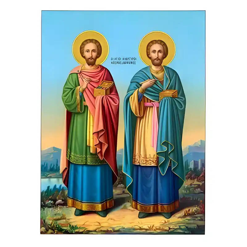 Εικόνα Ορθοδοξίας με περίγραμμα χρυσό σε ξύλο Φλαμουρίας  με  βάση Εικόνα Άγιοι Ανάργυροι Χειροποίητη Ελληνορθόδοξη , Κρεμαστή πλάκα βυζαντινής τέχνης, χριστιανική τέχνη Διάσταση 45x35 cm (17,7 x 13,8 ίντσες) INTRAEK-6294671169