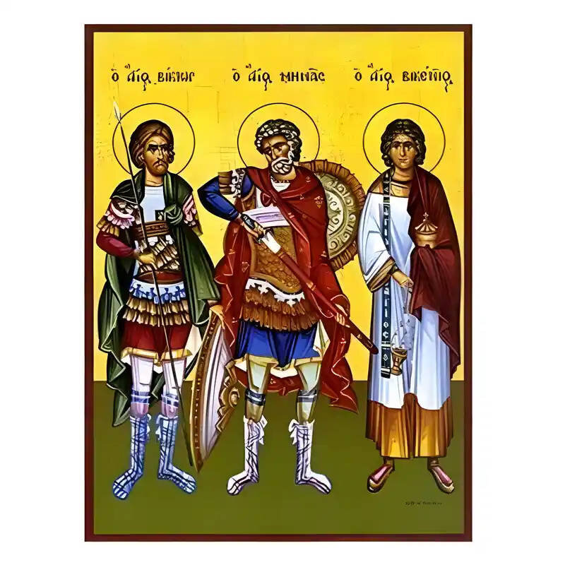 Εικόνα Ορθοδοξίας με περίγραμμα χρυσό σε ξύλο Φλαμουρίας  με  βάση Εικόνα Άγιοι Βίκτωρ Δαμασκού, Μηνάς Αιγύπτου και Βικέντιος Ισπανίας Χειροποίητη Ελληνορθόδοξη , Κρεμαστή πλάκα βυζαντινής τέχνης, χριστιανική τέχνη Διάσταση 45x35 cm (17,7 x 13,8 ίντσες) INTRAEK-6294671161