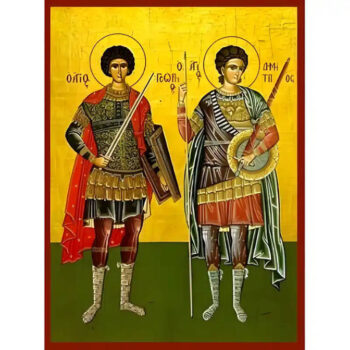 Εικόνα Ορθοδοξίας με περίγραμμα χρυσό σε ξύλο Φλαμουρίας με βάση Εικόνα Άγιοι Γεώργιος και Δημήτριος Χειροποίητη Ελληνορθόδοξη , Κρεμαστή πλάκα βυζαντινής τέχνης, χριστιανική τέχνη Διάσταση 45x35 cm (17,7 x 13,8 ίντσες) INTRAEK-6294671159 - Image 1